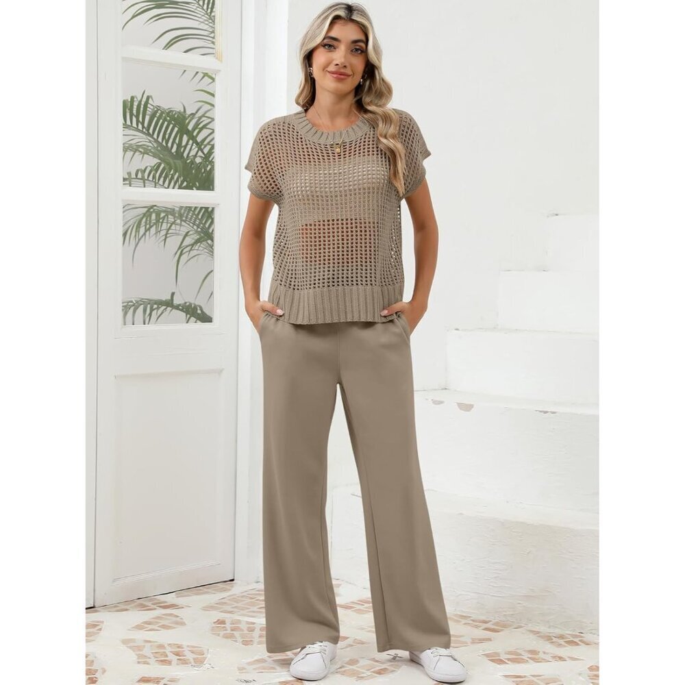 Women Crochet Sheer Knit Sweater Top Wide Leg Pants Lounge Sets Medium - Picture 3 of 7